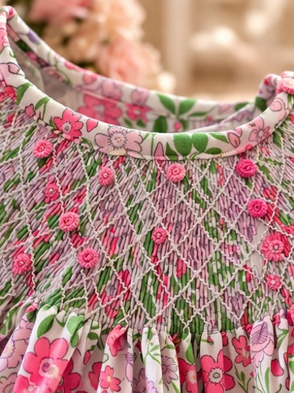 RARE Ruffles and Frogs Heirloom Hand Smocked Floral Scallop Dress 2T Luxury - Picture 2 of 4